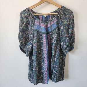 Womens Lucky Brand Boho Top 100% Viscose Small Blue Floral